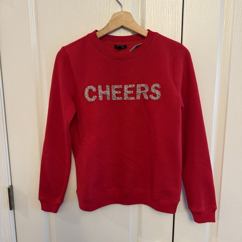 Talbots Womens Red "Cheers" Holiday Embellished Sweatshirt Pullover Size XS NWT